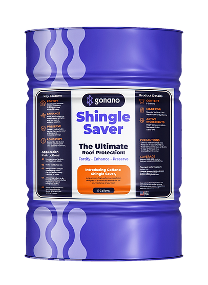 Blue barrel of "Shingle Saver" roof protectant, featuring product info and logo.